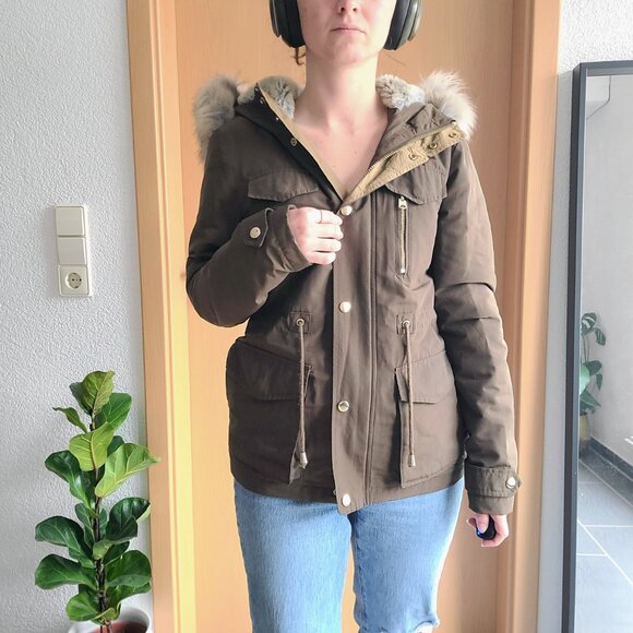 TopShop Jaxson Olive Green Faux Fur Hooded Lined Anorak Peacoat Jacket US Size 2 - Picture 5 of 16